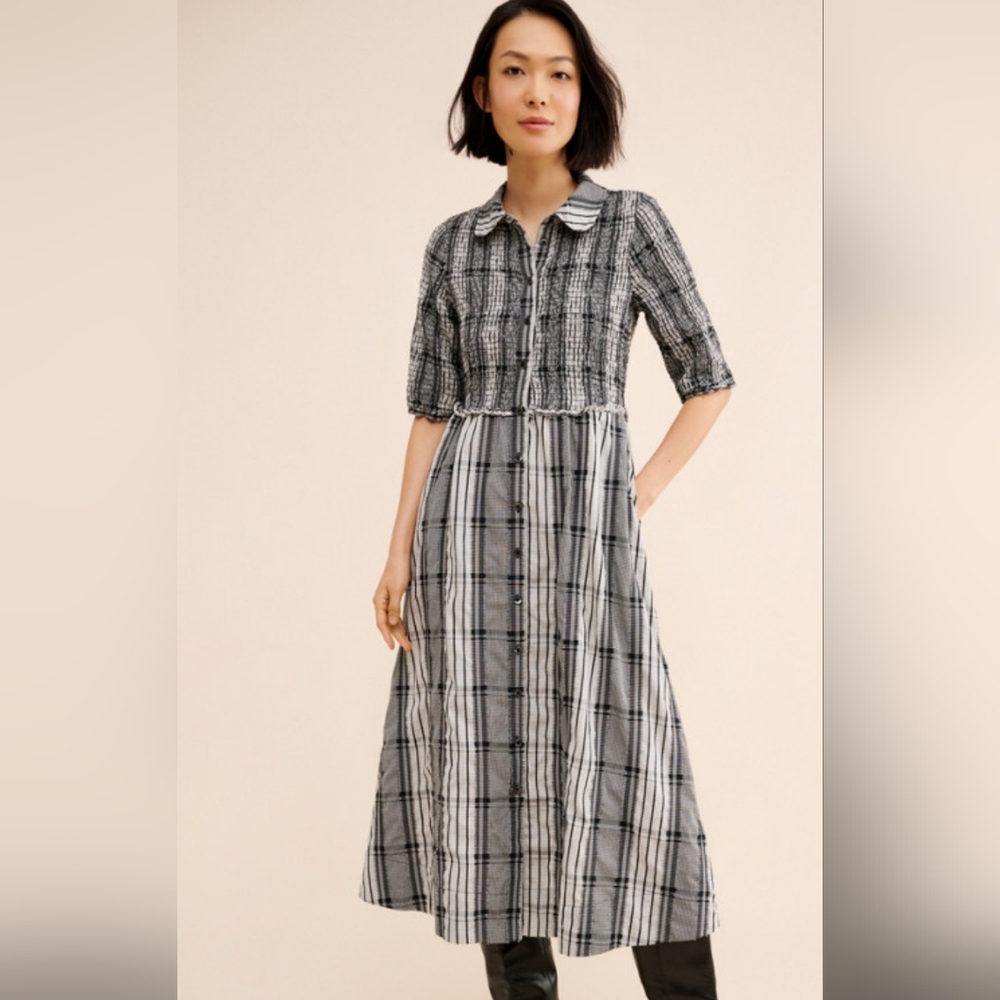 Maeve Black and White Plaid Button-Front Midi Dress